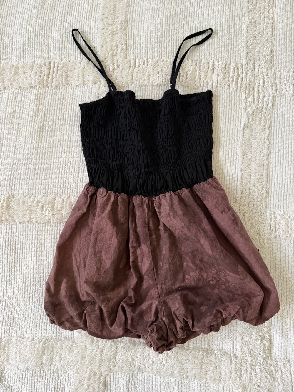 Source Unknown Black Smocked Bodice Brown Bubble Romper